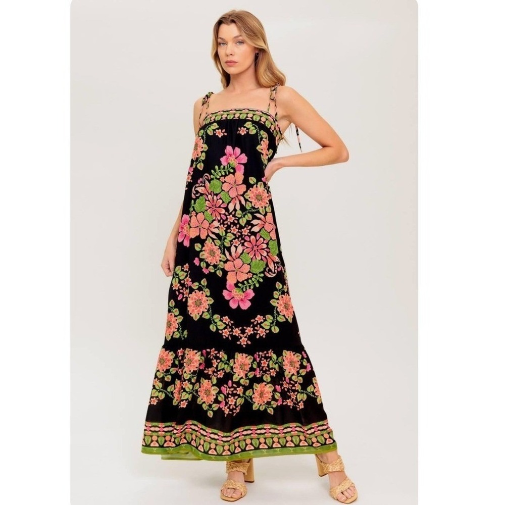 Flying Tomato Women's Floral Maxi Dress Black Pink Boho Large ID22357